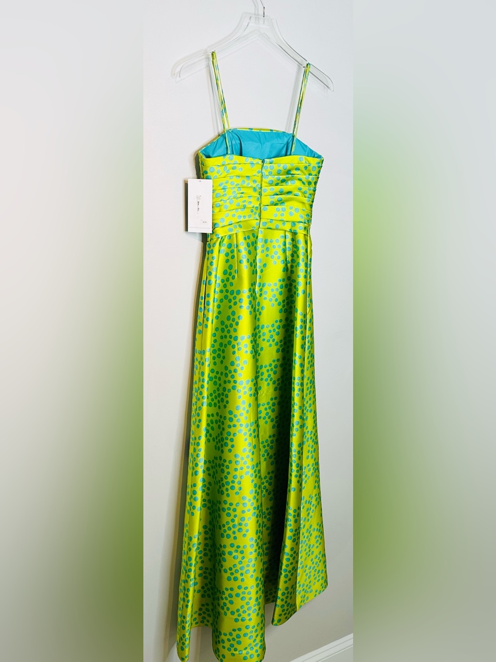 Theia Lime Green Spotted Puppy Dog Satin Formal Strapless Gown Dress - Picture 5 of 11